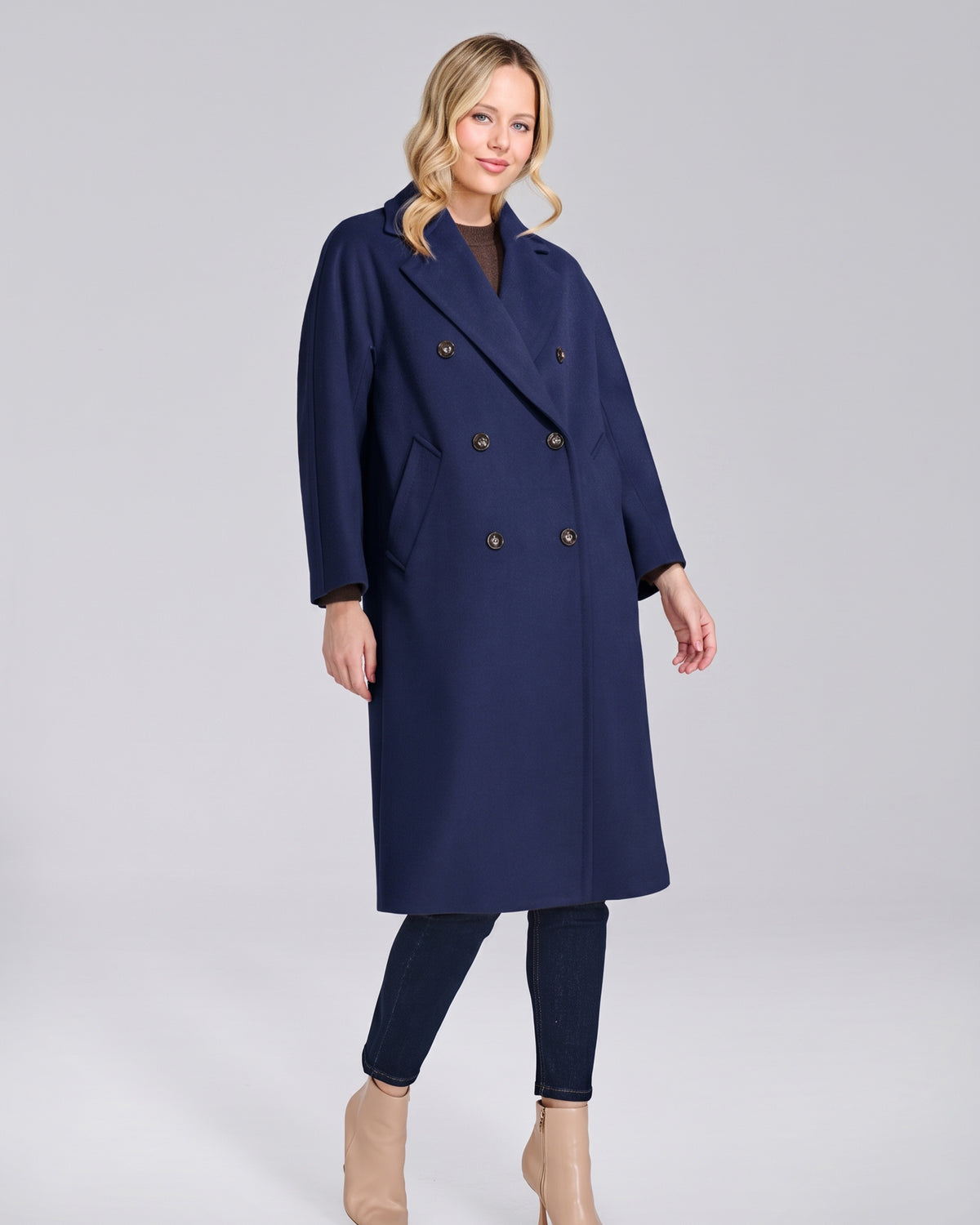Cappotto doppio petto lungo donna, colore Blu Navy – Chiara Dalba