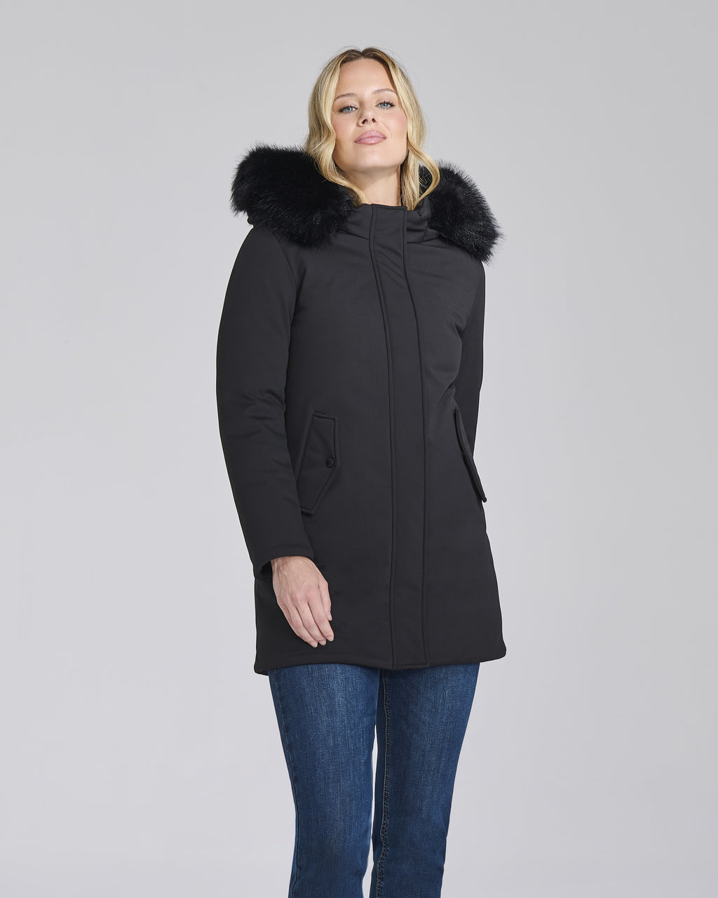 Parka con cappuccio in ecopelliccia donna, colore Nero – Chiara Dalba