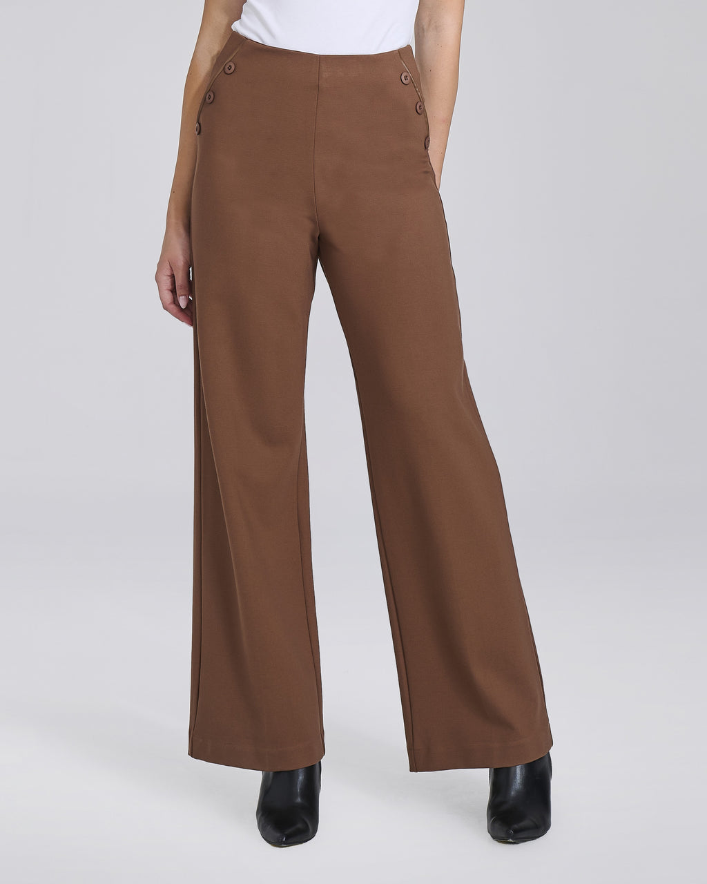 Pantalone palazzo in maglina con bottoni decorativi donna, colore Bruciato – Chiara Dalba