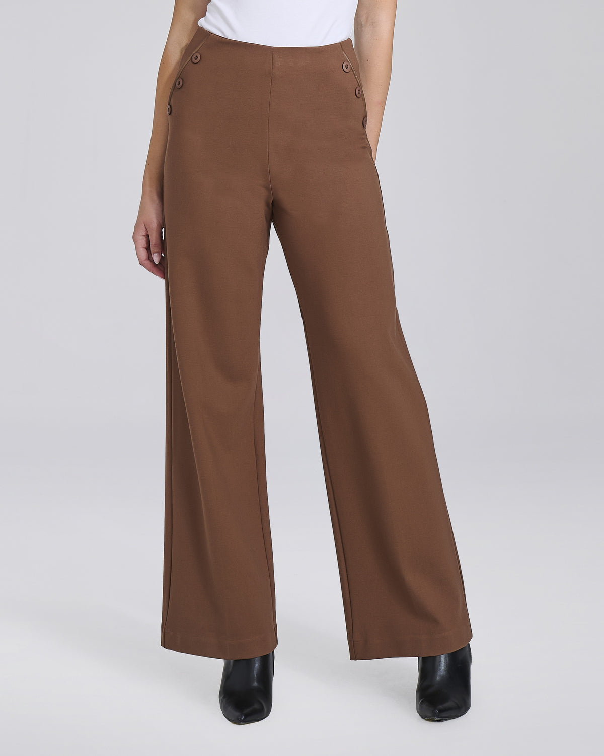 Pantalone palazzo in maglina con bottoni decorativi donna, colore Bruciato – Chiara Dalba