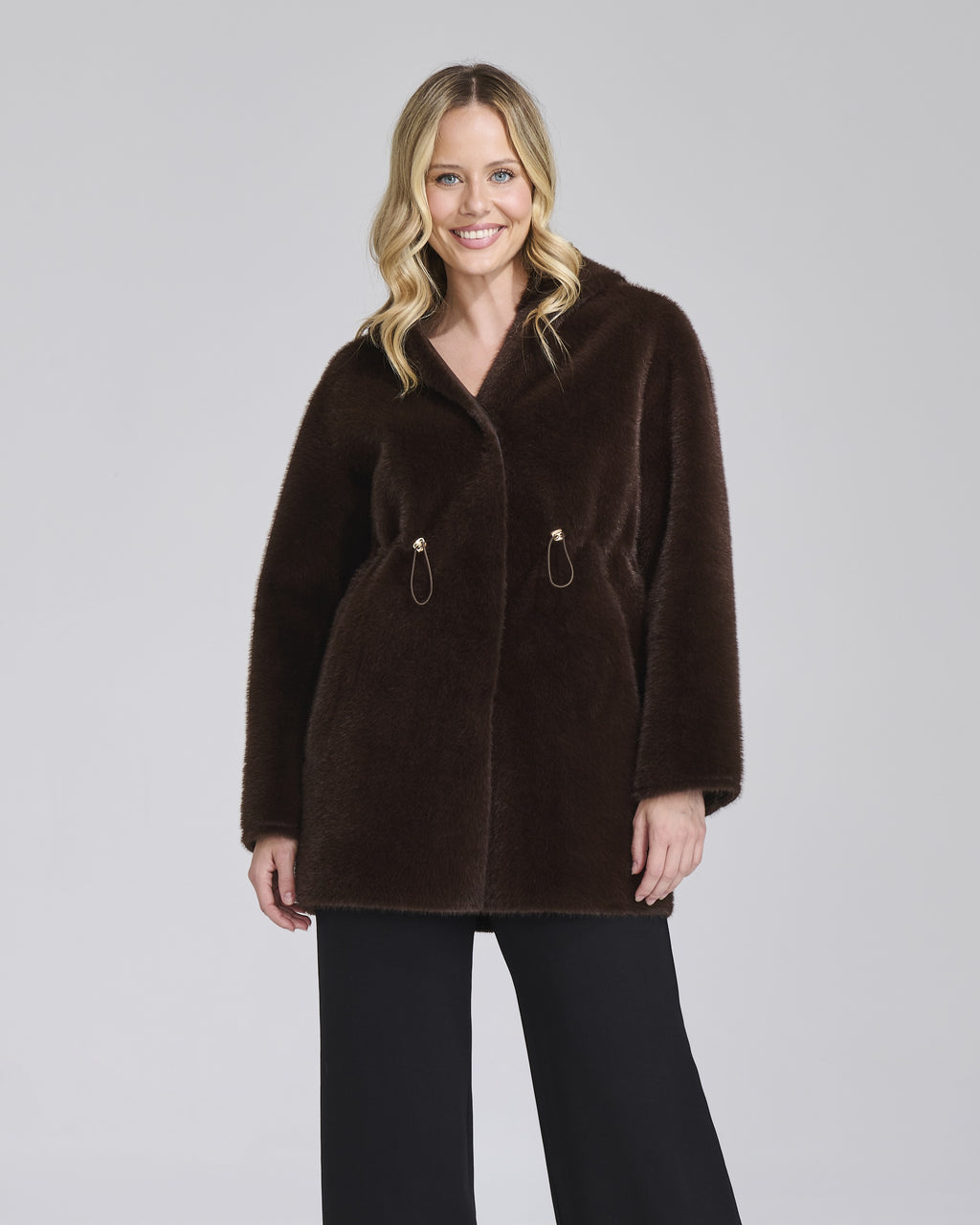 Giacca double ecopelle ed ecopelliccia con cappuccio donna, colore Moro – Chiara Dalba