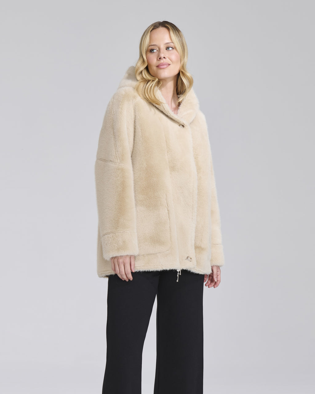 Giacca double effetto montone con cappuccio donna, colore Beige – Chiara Dalba