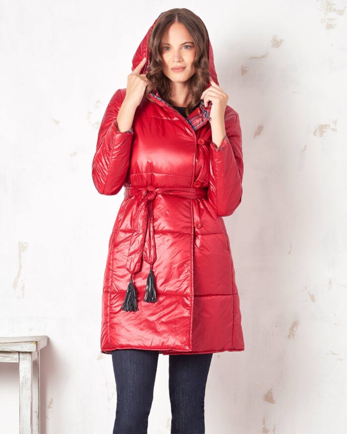 Double-face jacket with hood and belt