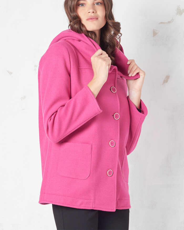 Short coat with hood and visible buttons