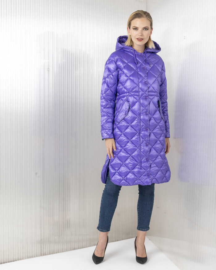 Long Quilted Checked Jacket with Hood