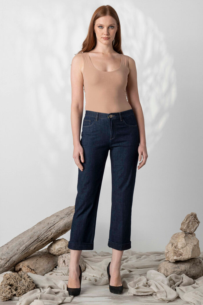 Jeans Cropped con Piegone e Frisi